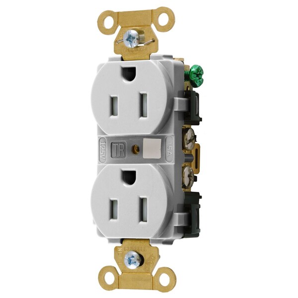 Duplex Straight Blade Receptacle, 5-15R, 15 A, 125V AC, 2 Pole, 3 Wire, Flush Mount, Grounded
